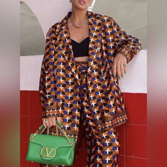 New Zara Printed Double Breasted Tie Belt Brown Blazer Blogger Favorite NWT XS - Picture 1 of 17